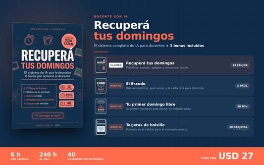 Recuperá tus domingos — IA para docentes (libro + 3 bonos)